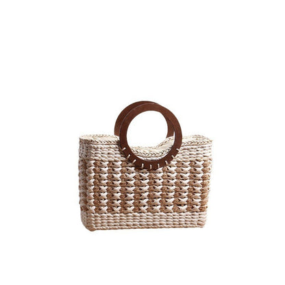 Ielgy Ladies Retro Striped Straw Bag Mori Series Large Capacity Vacation Rattan Beach Bag