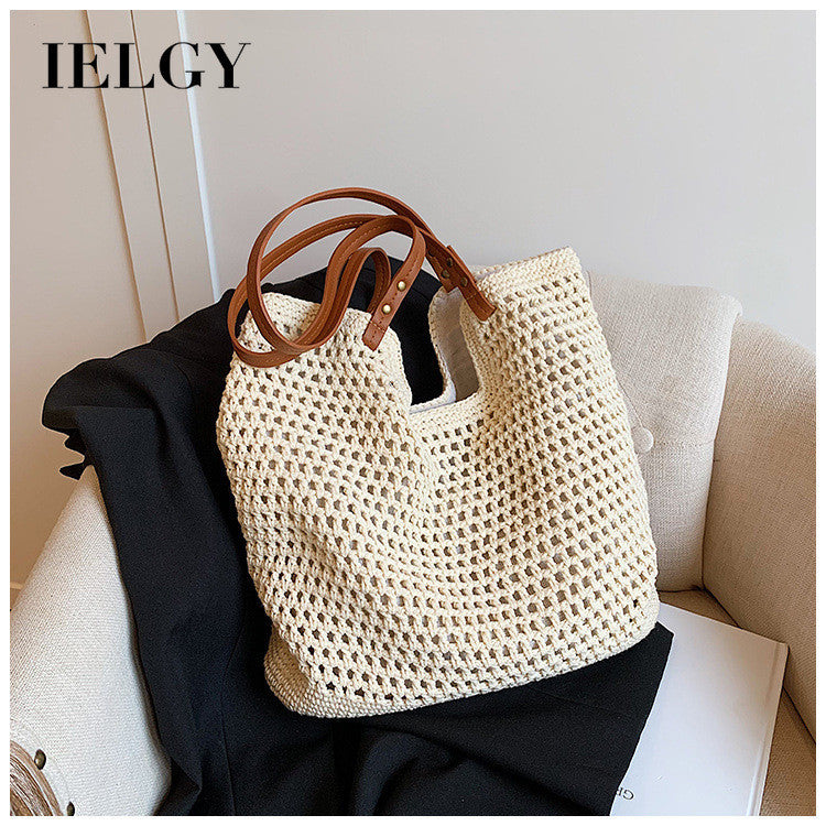 Ielgy Ladies Large-Capacity One-Shoulder Cotton Thread Woven Bag Hollow Mesh Pattern Tote Bag Seaside V