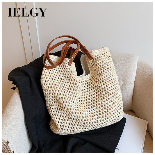 Ielgy Ladies Large-Capacity One-Shoulder Cotton Thread Woven Bag Hollow Mesh Pattern Tote Bag Seaside V
