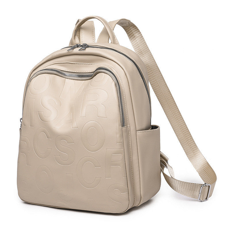 Ielgy Ladies PU Soft Leather Texture Backpack Fashion Letter Printing Travel Bag Simple Lightweight Commuter Bag