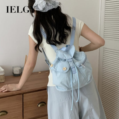 Ielgy New Style Korean Niche Design Outdoor Pocket Button Drawstring Backpack Nylon Backpack