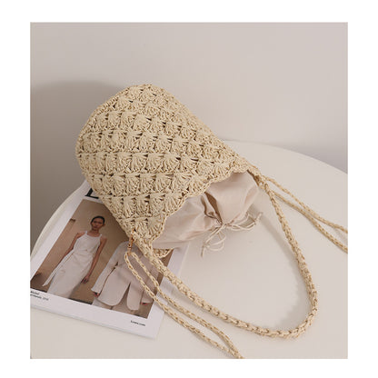 Ielgy Niche Design Straw Bucket Bag French Retro Crossbody Portable Woven Vacation Beach Bag