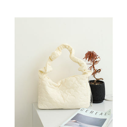 Ielgy Japanese Casual Drawstring Canvas Underarm Bag Fashion Embroidery Thread One Shoulder Pleated Quilted Messenger