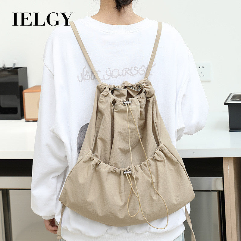 Ielgy Japanese Casual Art Canvas Backpack Fashion Drawstring Pleated School Bag Nylon Large-Capacity Backpack Khaki