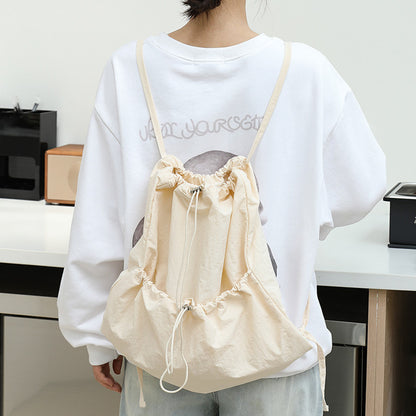 Ielgy Japanese Casual Art Canvas Backpack Fashion Drawstring Pleated School Bag Nylon Large-Capacity Backpack Khaki