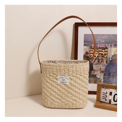 Ielgy All-Match Square Shoulder Straw Bag Ladies Simple Underarm Woven Bag Vacation Style Beach Bag
