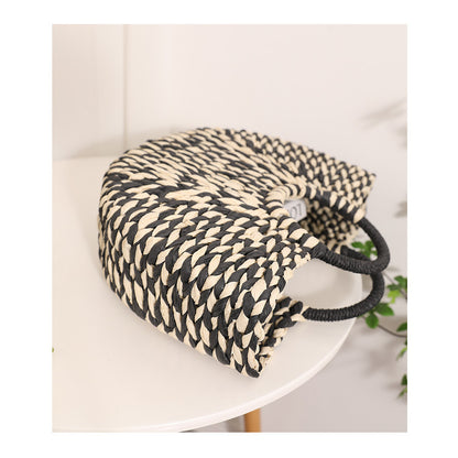 Ielgy Niche Semicircle Portable Straw Bag Retro Color Hand-Carrying Woven Seaside Vacation Beach Bag