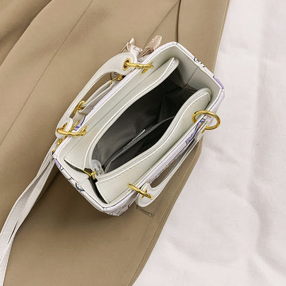 Ielgy Ladies Fashion Silk Scarf Graffiti Contrast Color Diana Bag Portable One-Shoulder Diagonal