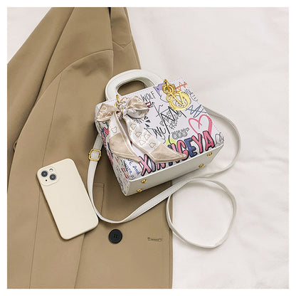 Ielgy Ladies Fashion Silk Scarf Graffiti Contrast Color Diana Bag Portable One-Shoulder Diagonal
