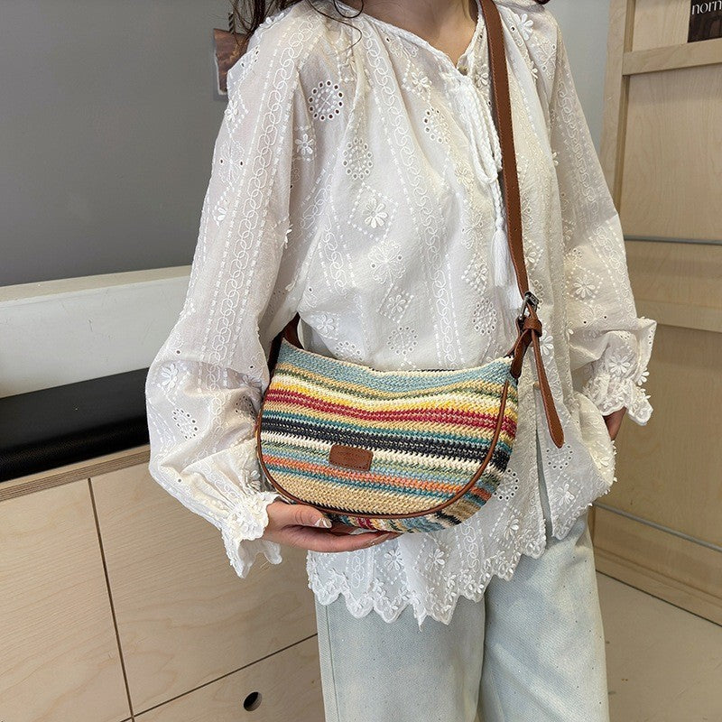 Ielgy Summer Niche Contrast Color Dumpling Bag Fashion One-Shoulder Messenger Bag Casual Woven Women's Bag