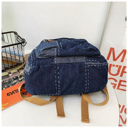 Ielgy Korean Version Lazy Style Denim Schoolbag Preppy Style Student Backpack Washed Retro Stitching Denim Backpack