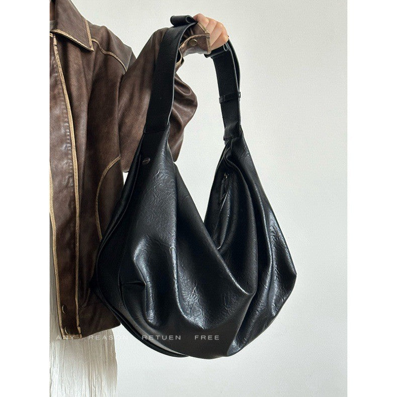 Ielgy Soft Leather Large-Capacity Black Dumpling Bag Retro High-End Casual One-Shoulder Messenger Tote Bag