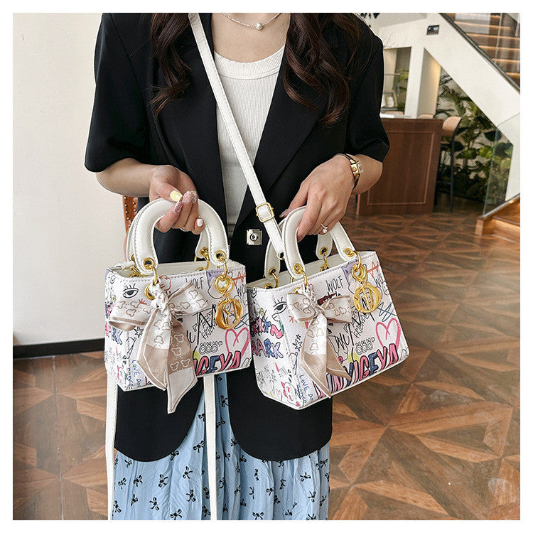 Ielgy Ladies Fashion Silk Scarf Graffiti Contrast Color Diana Bag Portable One-Shoulder Diagonal