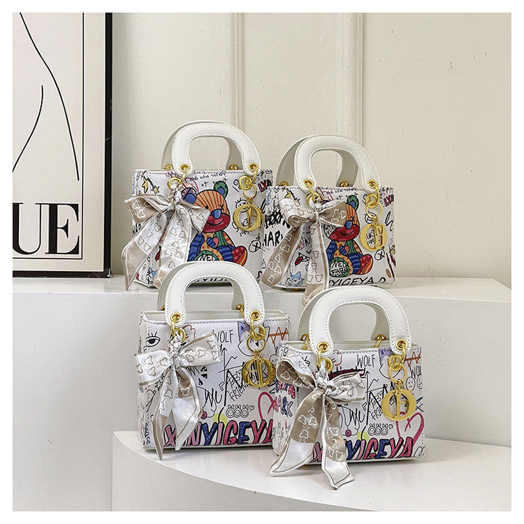 Ielgy Ladies Fashion Silk Scarf Graffiti Contrast Color Diana Bag Portable One-Shoulder Diagonal