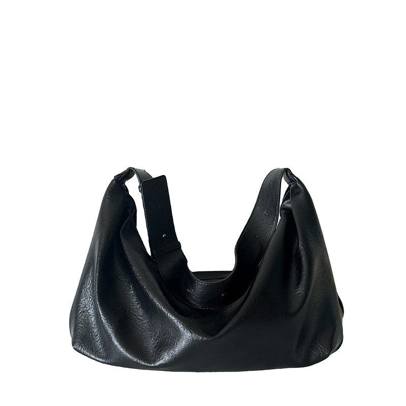 Ielgy Soft Leather Large-Capacity Black Dumpling Bag Retro High-End Casual One-Shoulder Messenger Tote Bag