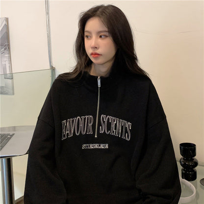 IELGY Grey polo collar sweatshirt women's thin loose oversize zipper top