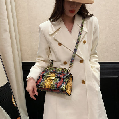 Ielgy Ladies Commuter Shoulder Small Square Bag Contrast Color Snake Pattern Chain Underarm Diagonal Bag