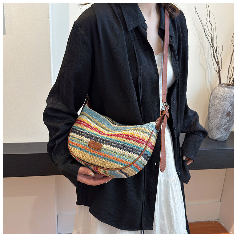 Ielgy Summer Niche Contrast Color Dumpling Bag Fashion One-Shoulder Messenger Bag Casual Woven Women's Bag