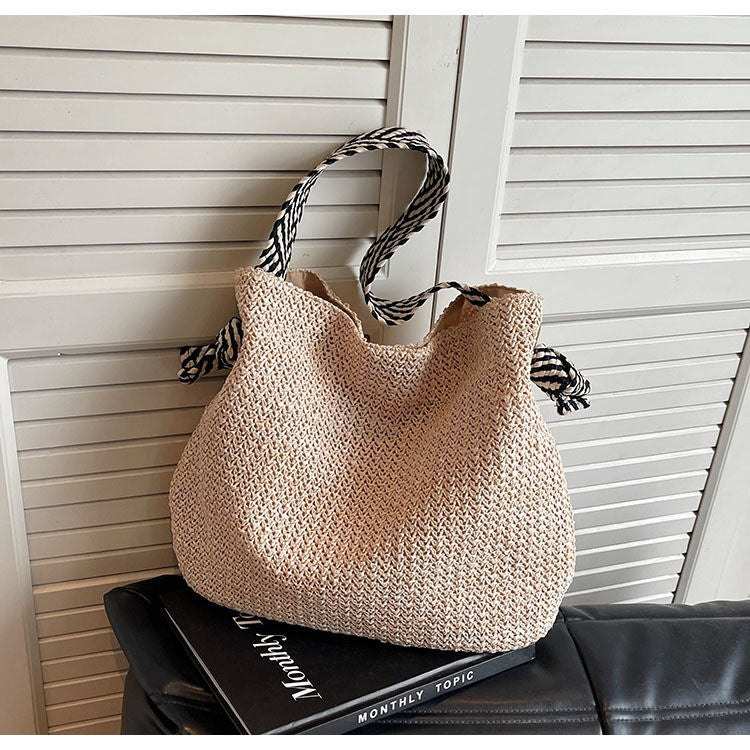 Ielgy Loose Feel Straw Bag Large Capacity Casual One-Shoulder Bucket Bag Woven Seaside Beach Bag