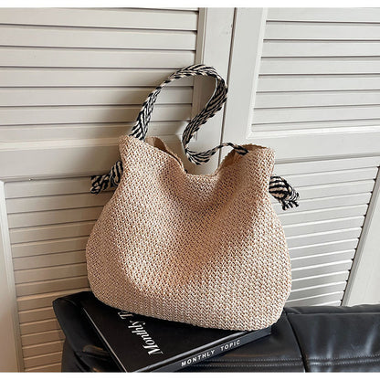 Ielgy Loose Feel Straw Bag Large Capacity Casual One-Shoulder Bucket Bag Woven Seaside Beach Bag