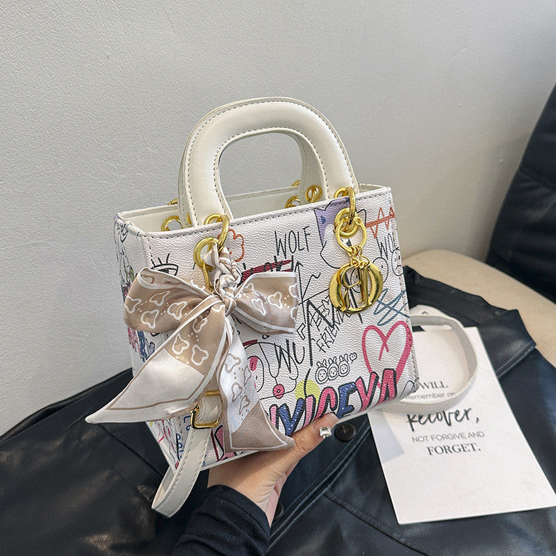 Ielgy Ladies Fashion Silk Scarf Graffiti Contrast Color Diana Bag Portable One-Shoulder Diagonal