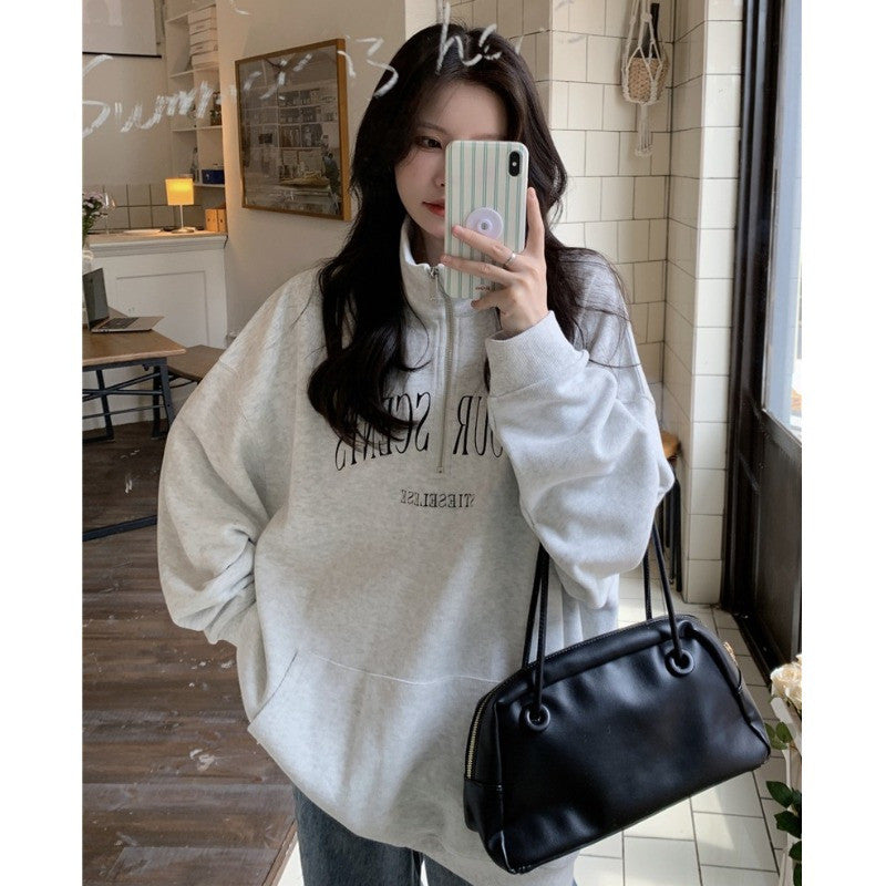 IELGY Grey polo collar sweatshirt women's thin loose oversize zipper top