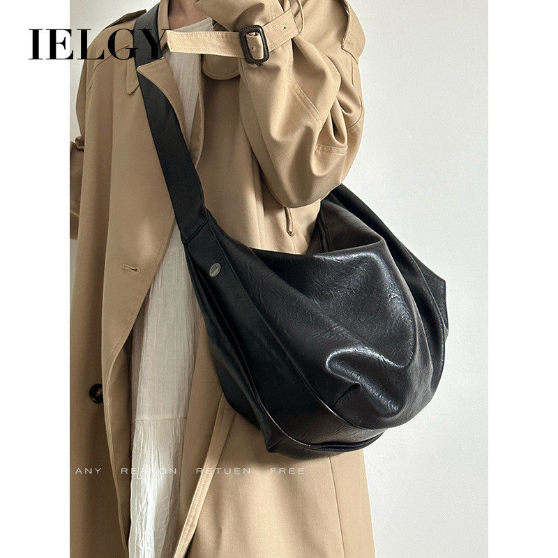 Ielgy Soft Leather Large-Capacity Black Dumpling Bag Retro High-End Casual One-Shoulder Messenger Tote Bag