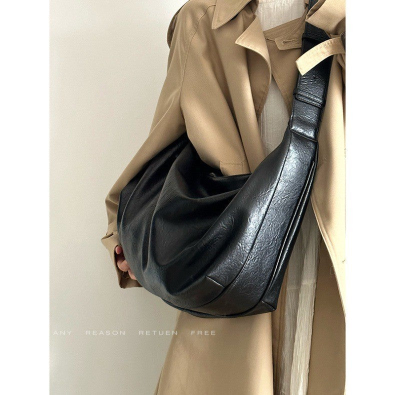 Ielgy Soft Leather Large-Capacity Black Dumpling Bag Retro High-End Casual One-Shoulder Messenger Tote Bag