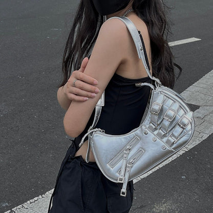 Ielgy Punk Sweet Cool Hot Girl Style Bag Motorcycle One-Shoulder Baguette Underarm Crescent Bag