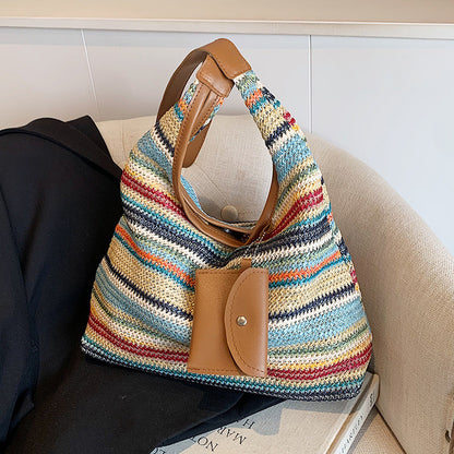 Ielgy Ladies Large-Capacity Hand-Woven Bag Fashion Commuter Tote Bag Vacation Beach Bag