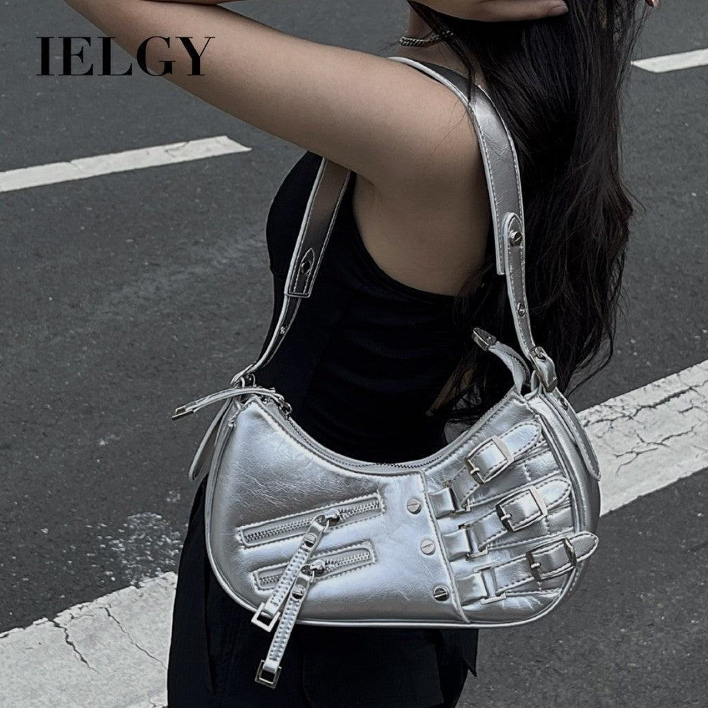 Ielgy Punk Sweet Cool Hot Girl Style Bag Motorcycle One-Shoulder Baguette Underarm Crescent Bag