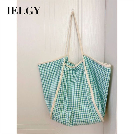 Ielgy Korean Version Large-Capacity Tote Bag Simple Plaid Commuter One-Shoulder Fashion All-Match B