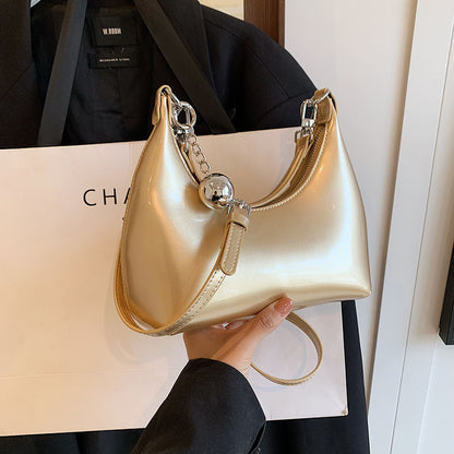 Ielgy Silver Patent Leather Crescent Moon Underarm Bag Korean Version High-End Bell Shoulder Messenger Bag