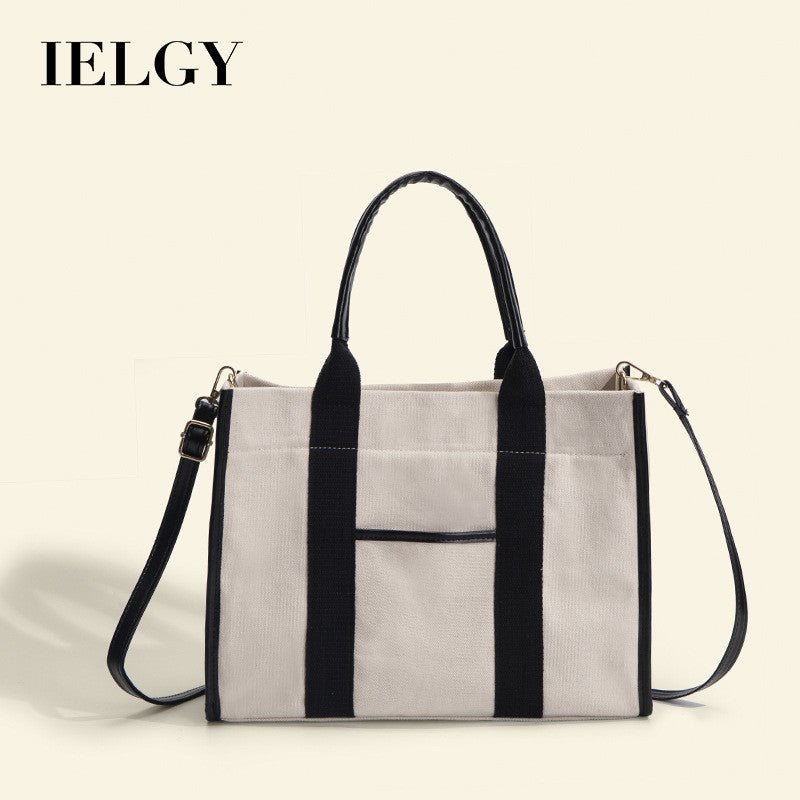 Ielgy High-End Cotton Cloth Large-Capacity Tote Bag Work Commuter Laptop Bag Contrast Color Canvas Shoulder Diagon