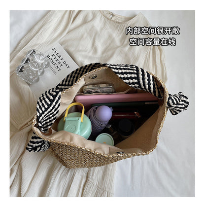 Ielgy Loose Feel Straw Bag Large Capacity Casual One-Shoulder Bucket Bag Woven Seaside Beach Bag