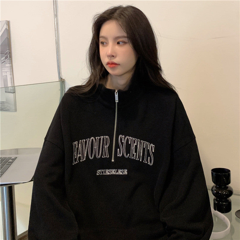 IELGY Grey polo collar sweatshirt women's thin loose oversize zipper top