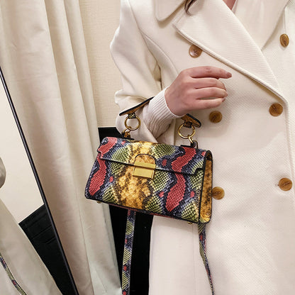 Ielgy Ladies Commuter Shoulder Small Square Bag Contrast Color Snake Pattern Chain Underarm Diagonal Bag