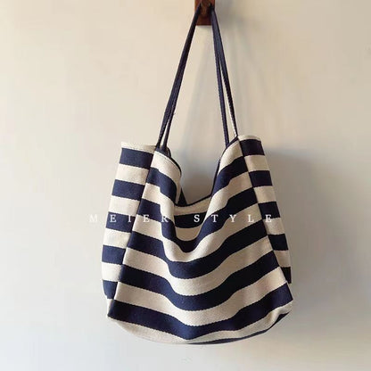 Ielgy Korean Literary Contrast Color Striped Canvas Tote Bag Large Capacity One Shoulder Lazy Style Shopping Bag Big Bag