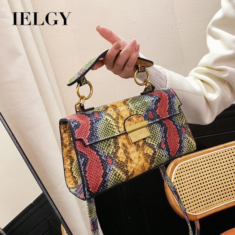 Ielgy Ladies Commuter Shoulder Small Square Bag Contrast Color Snake Pattern Chain Underarm Diagonal Bag