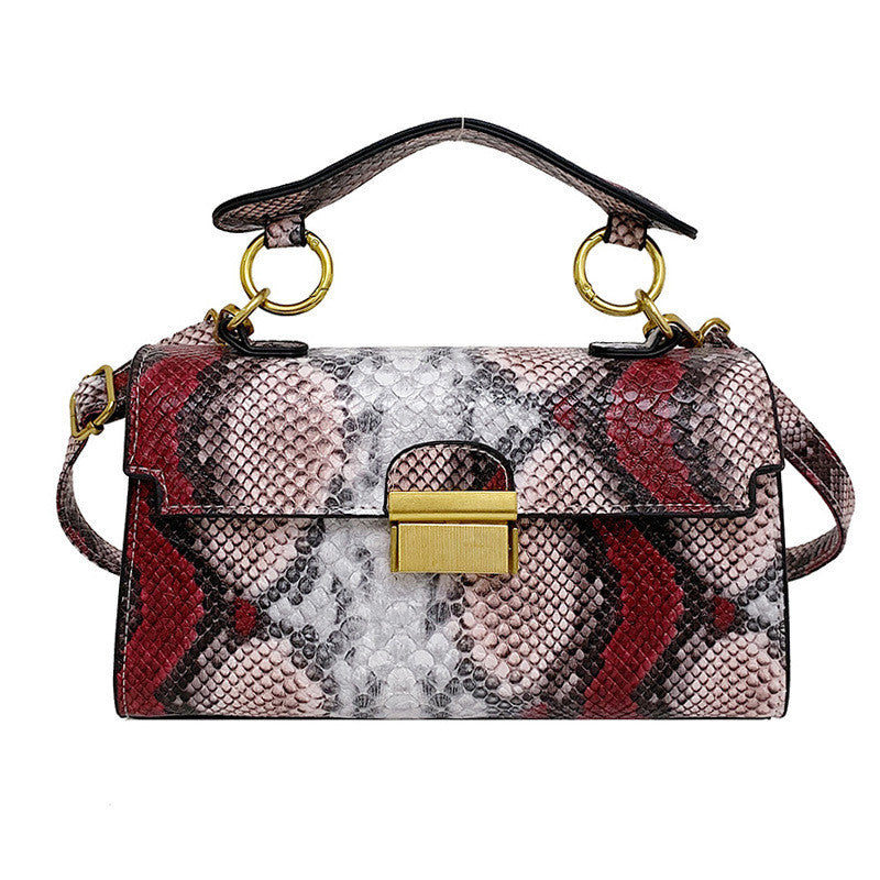 Ielgy Ladies Commuter Shoulder Small Square Bag Contrast Color Snake Pattern Chain Underarm Diagonal Bag