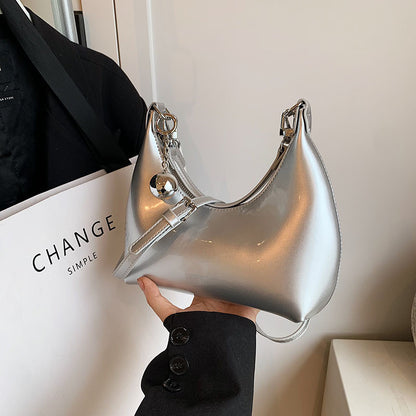 Ielgy Silver Patent Leather Crescent Moon Underarm Bag Korean Version High-End Bell Shoulder Messenger Bag