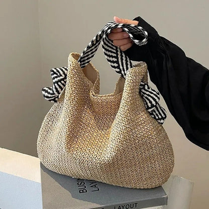 Ielgy Loose Feel Straw Bag Large Capacity Casual One-Shoulder Bucket Bag Woven Seaside Beach Bag