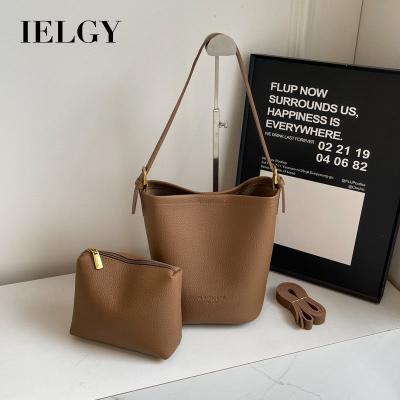 Ielgy Niche Design Bucket Bag Simple All-Match Cross-Body Retro Commuter Shoulder Bag