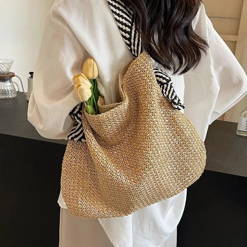 Ielgy Loose Feel Straw Bag Large Capacity Casual One-Shoulder Bucket Bag Woven Seaside Beach Bag