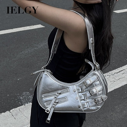 Ielgy Punk Sweet Cool Hot Girl Style Bag Motorcycle One-Shoulder Baguette Underarm Crescent Bag