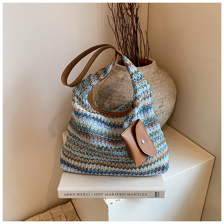 Ielgy Ladies Large-Capacity Hand-Woven Bag Fashion Commuter Tote Bag Vacation Beach Bag