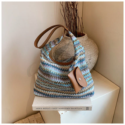 Ielgy Ladies Large-Capacity Hand-Woven Bag Fashion Commuter Tote Bag Vacation Beach Bag