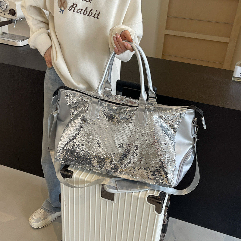 Ielgy Summer Fashion Large-Capacity Travel Bag High-End Feeling Dry Wet Separation Sequins Short-Distance Travel Portable Shoulder Bag