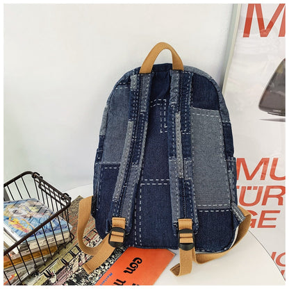 Ielgy Korean Version Lazy Style Denim Schoolbag Preppy Style Student Backpack Washed Retro Stitching Denim Backpack