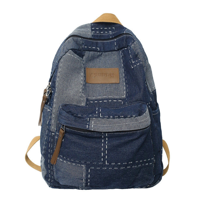 Ielgy Korean Version Lazy Style Denim Schoolbag Preppy Style Student Backpack Washed Retro Stitching Denim Backpack